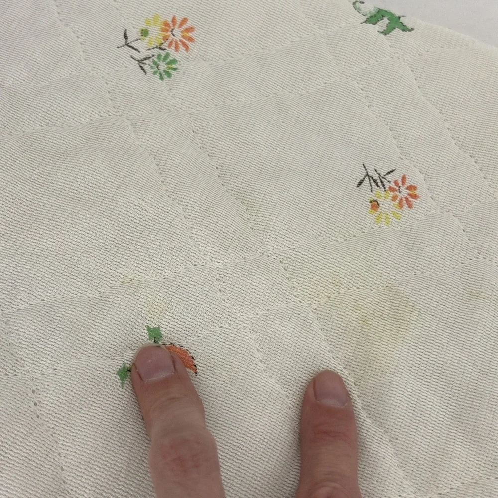 Vintage 70s  Acrylic Baby Blanket Satin Trim Woodland Mushrooms Dear Bunny Chick